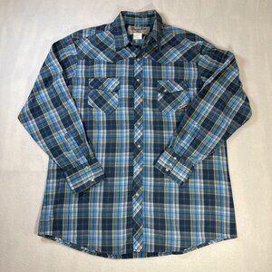 Wrangler Wrancher‎ Vintage Western Pearl Snap L/S Shirt - Men's XLT Blue Plaid